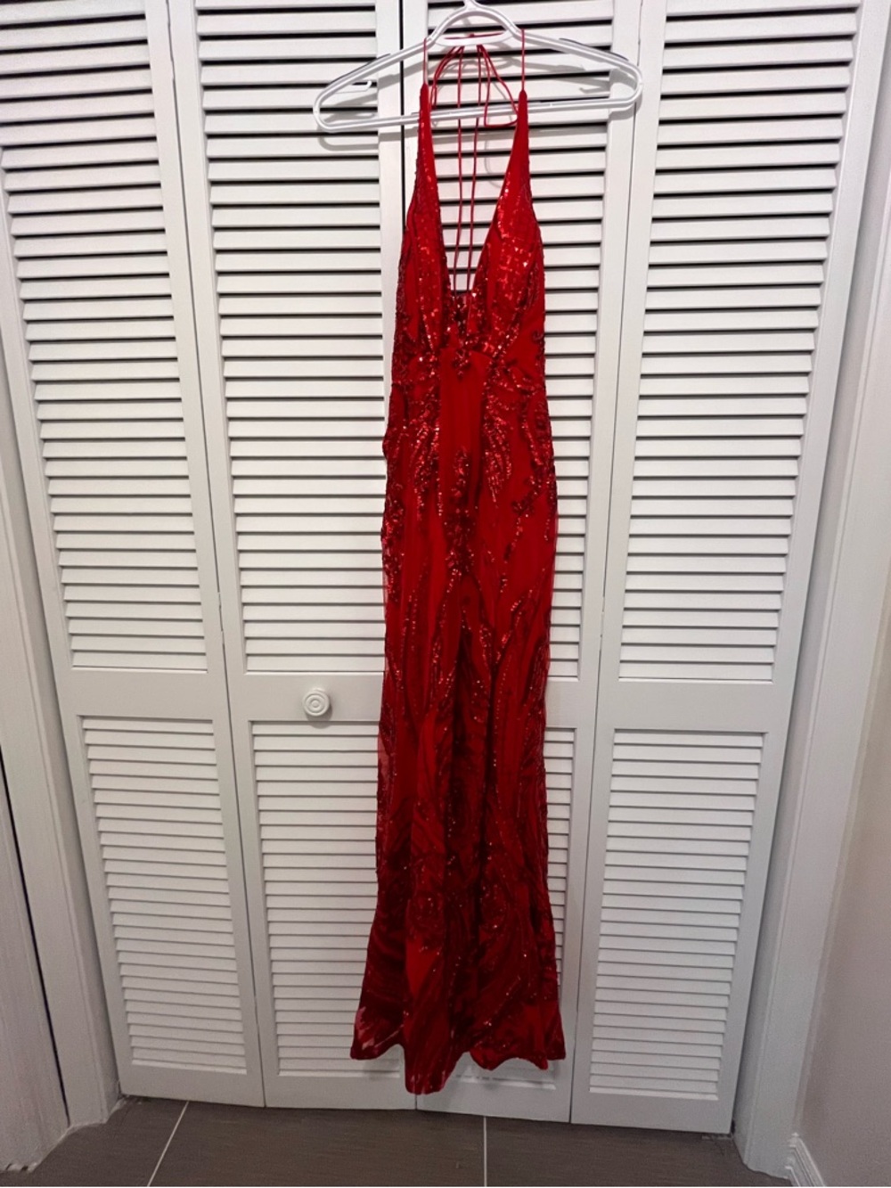 Red Spaghetti Strap Sequin Evening Dress Amelia Couture